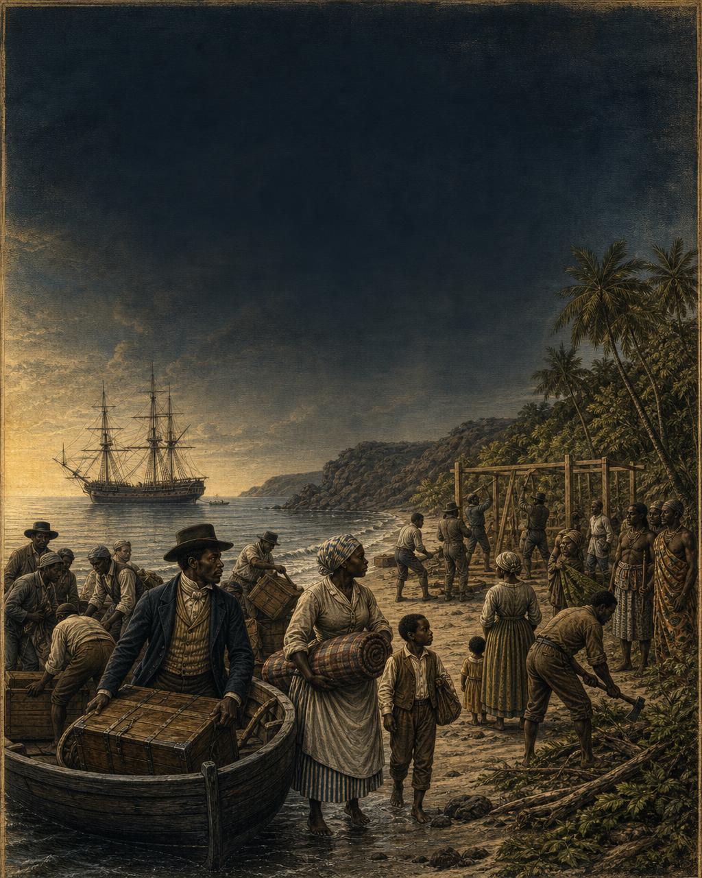 Illustration of Black settlers arriving at Cape Mesurado with local West African observers and a sailing vessel offshore
