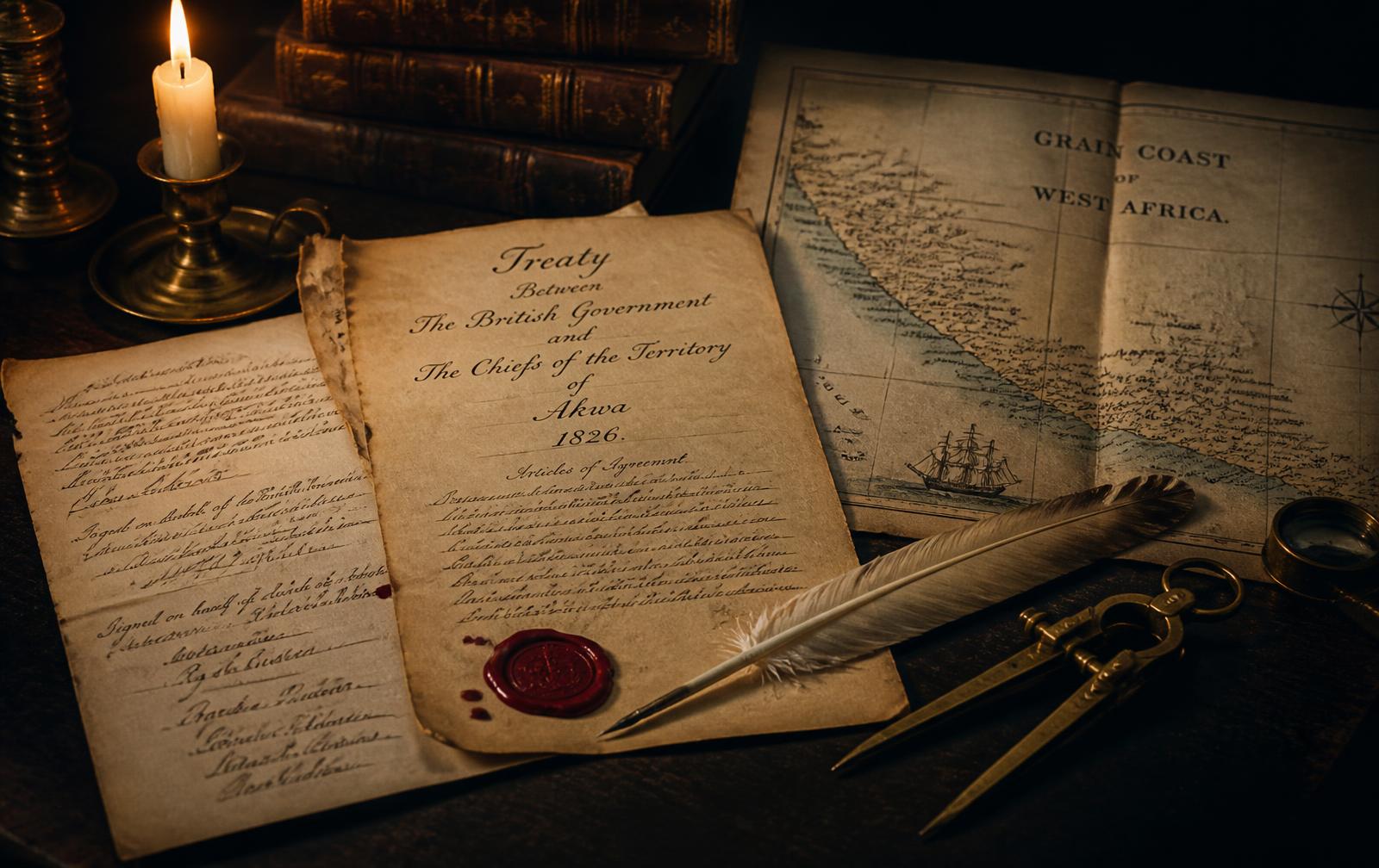 Nineteenth-century treaty documents, a wax seal, brass dividers and a folded map of the Grain Coast
