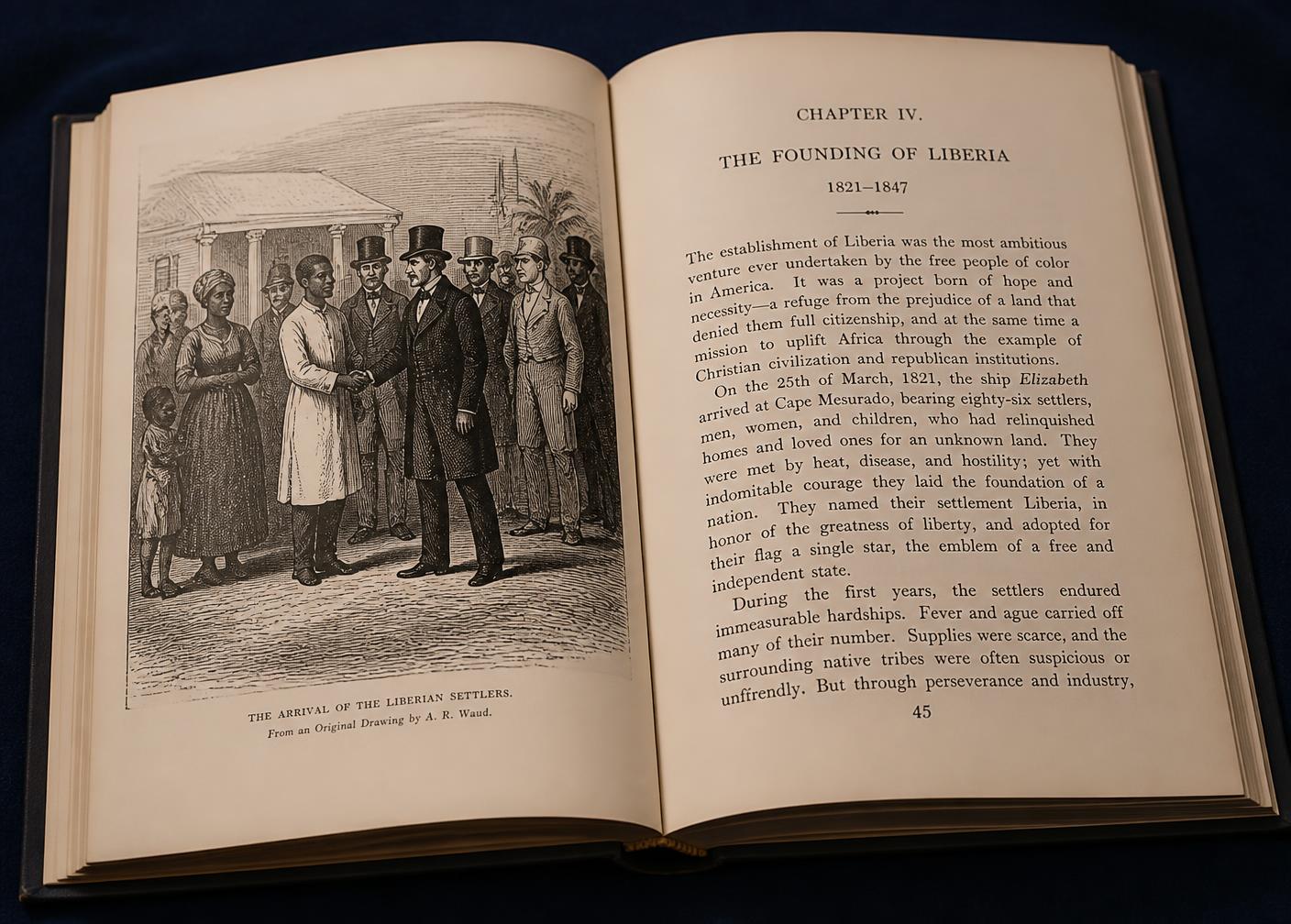 Open pages of the hardcover interior showing an engraving and chapter text